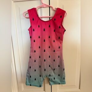 Watermelon Gradient Girls' Leotard Romper - Pink to Aqua with Black Seed Print
